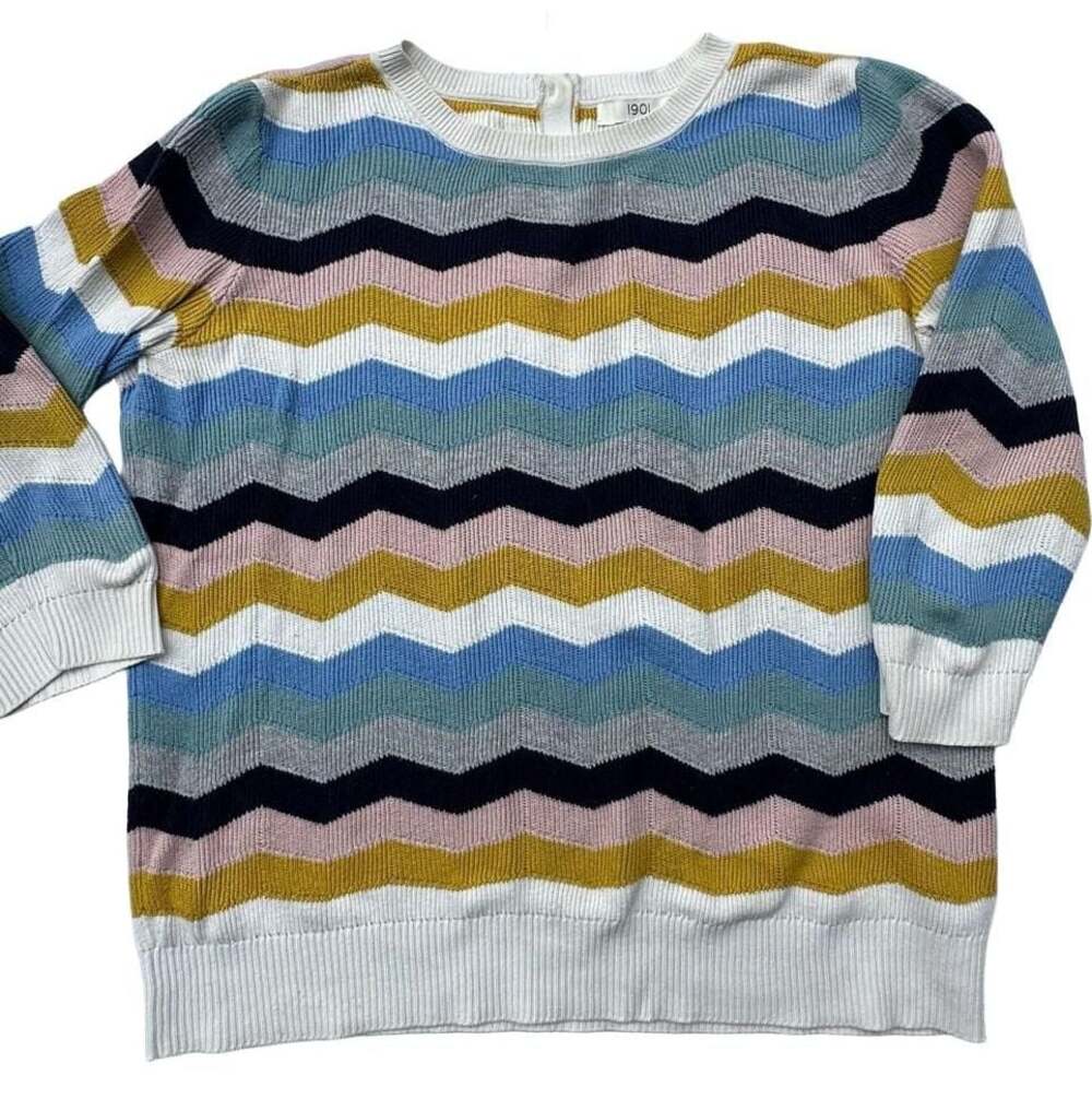 1901 Chevron Jacquard 3/4 Sleeve Crew Neck Button-Back Pullover Sweater